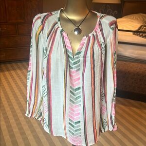 velvet brand Relaxed Green and Blue Tie Front Blouse